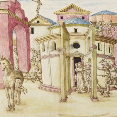 Corèbe tente d'empêcher l'enlèvement de Cassandre (Virgile, Énéide, livre 2, Bnf Latin 7939A, f78r)