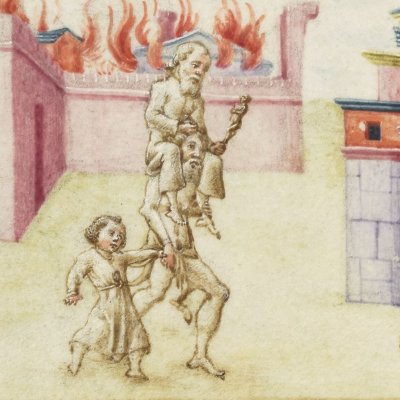 Énée fuit Troie en flammes avec Anchise et Ascagne (Virgile, Énéide, livre 2, Bnf Latin 7939A, f83v)