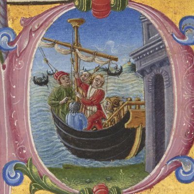 Énée et sa flotte quittent Troie pour l'exil (Virgile, Énéide, livre 3, Bnf Latin 7939A, f85r)
