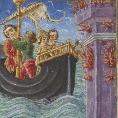 From the sea, the Trojans believe they see Carthage in flames (Virgil, Aeneid, Book 5, Latin 7939A)