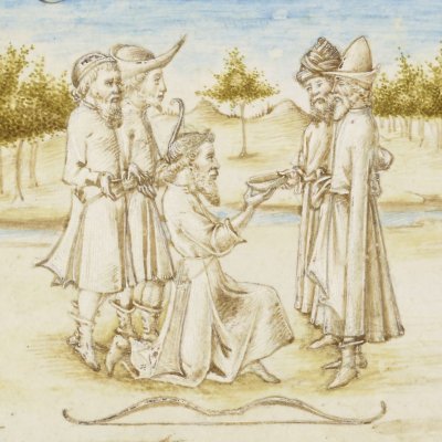 Énée récompense Aceste avec la coupe d'Anchise (Virgile, Énéide, livre 5, Bnf Latin 7939A, f116r)