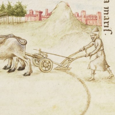 Énée trace à la charrue l'enceinte d'une nouvelle ville (Virgile, Énéide, livre 5, Bnf Latin 7939A, f119v)