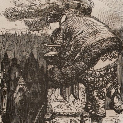 Gargantua pisse sur les tours de Notre-Dame (Rabelais, Gargantua, 1858) - Gustave Doré