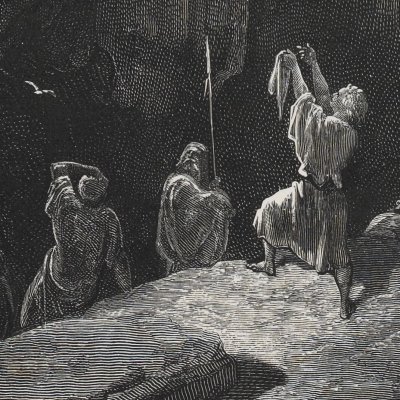 David montre à Saül qu'il l'a épargné (La Sainte Bible, Mame, 1866) - G. Doré