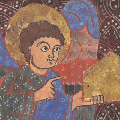 Ostension de l'évangile de Luc par deux anges (Beatus de Saint-Séver)