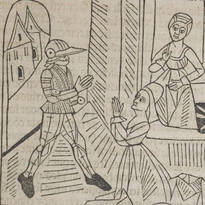 Didon forcenée supplie Énée de ne pas partir (Livre des Énéydes, 1483)