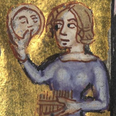 Rencontre de l'amant et d'Oiseuse (Roman de la rose, NLW MS 5016D)