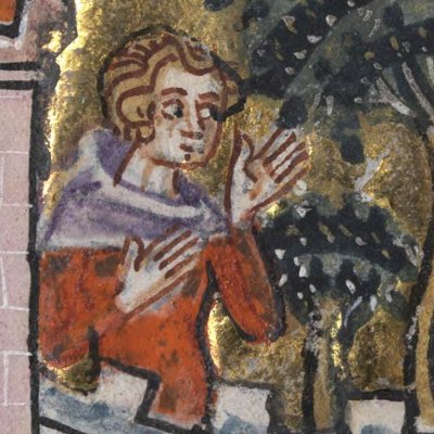 L'amant face aux oiseaux du Verger de Déduit (Roman de la rose, NLW MS 5016D)