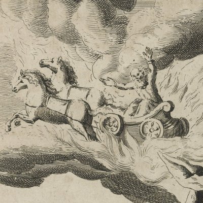 Elie enlevé au ciel dans un char de feu (The history of the Old Testament, 1688, n°116) - Bouche d'après Freman 