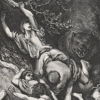 Des enfants ayant insulté Élisée sont dévorés par des ours (La Sainte Bible, Mame, 1866) - G. Doré