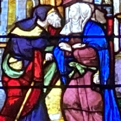 Verrière de la Vie de la Vierge. Rencontre à la Porte dorée (Châlons, église Notre-Dame en Vaux)