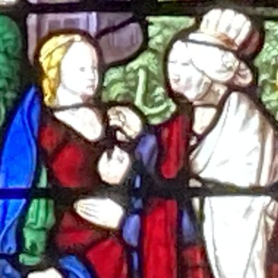 Verrière de la Vie de la Vierge. Visitation (Châlons, église Notre-Dame en Vaux)