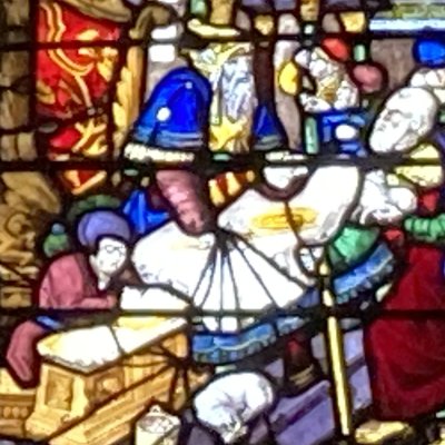 Verrière de la Vie de la Vierge. Charité d'Anne et de Joachim (Châlons, église Notre-Dame en Vaux)