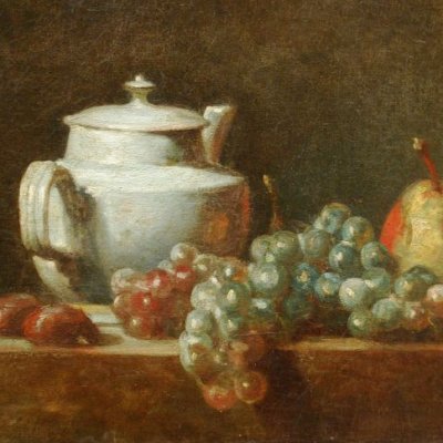 La théière blanche, avec deux châtaignes, raisin blanc et poire - Chardin