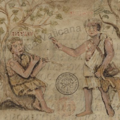 Tityre et Mélibée (Bucoliques 1, Vergilius Romanus VatLat 3867, f1)
