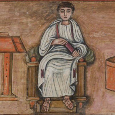Le poète entre son écritoire et son coffre (Vergilius Romanus VatLat 3867, f3v)