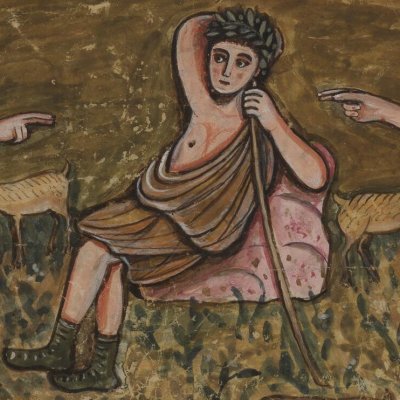 Mélibée entre Corydon et Thyrsis (Bucoliques 7, Vergilius Romanus VatLat 3867, f16)