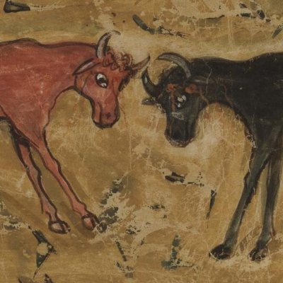 Un berger gardant chevaux et taureaux (Géorgiques 3, Vergilius Romanus VatLat 3867, f45)