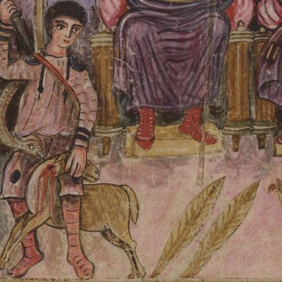 Un serpent interrompt le sacrifice à Anchise ? (Énéide 5, Vergilius Romanus VatLat 3867, f76v)