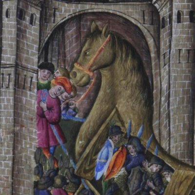 Le cheval de Troie (Virgile, Énéide l2, Valence BH Ms 837, f96v)