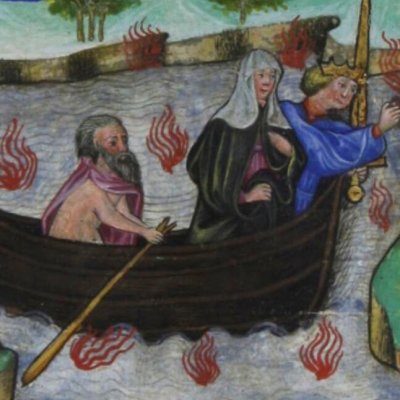Énée et la sibylle dans la barque de Charon, face à Cerbère (Virgile, Énéide l6, Valence BH Ms 837, f155r)