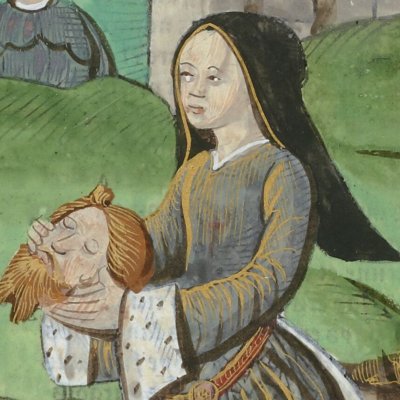 Un vieux roi est décapité par une femme dans son lit (Énéydes tr. Saint-Gelais 1509)