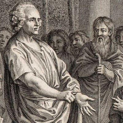 Rousseau disant son Discours dans le Lycée d'Athènes (Sur l'origine de l'inégalité, Œuvres de J. J. Rousseau, Defer, 1793) - Cochin