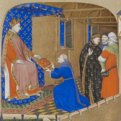 Salmon donne son  livre au roi de France (P. Salmon, Réponses à Charles VI…)