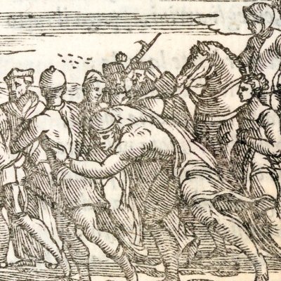 Roland, Roger et Angélique devant le palais d'Atlant (Roland furieux Perchacino 1567, ch11, en fait 12)