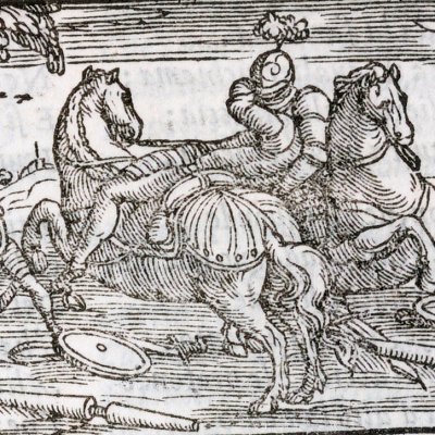 Roland désarçonne Manilard (Roland furieux Perchacino 1567, ch12)
