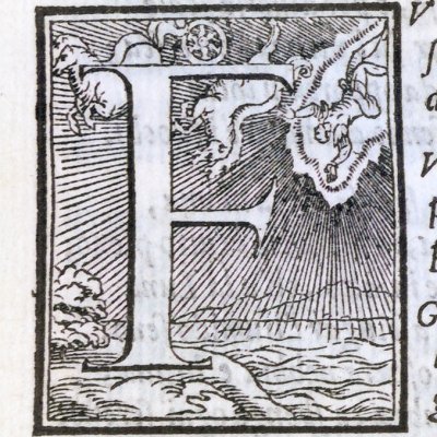 Lettre F historiée avec la chute de Phaéton (Roland furieux Perchacino 1567, ch15)