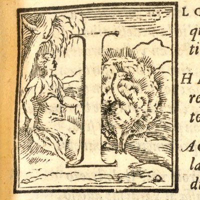 Lettre I historiée représentant Junon (Roland furieux Perchacino 1567, ch17)