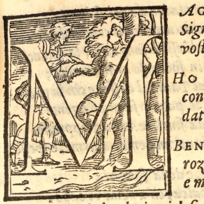 Lettre M historiée avec Apollon écorchant Marsyas (Roland furieux Perchacino 1567, ch18)