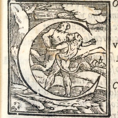 Lettre C historiée représentant Hercule et Antée (Roland furieux Perchacino 1567, ch22)