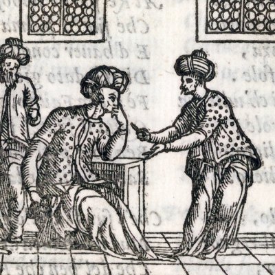 L'aubergiste raconte à Rodomont l'histoire de Joconde (Roland furieux Perchacino 1567, ch28)