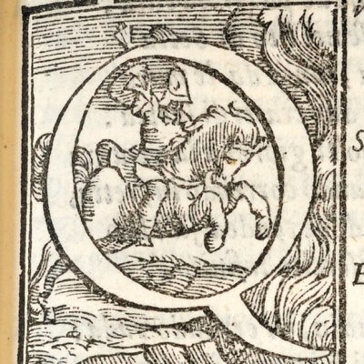 Lettre Q historiée représentant le dévouement de Marcus Curtius (Roland furieux Perchacino 1567, ch30)