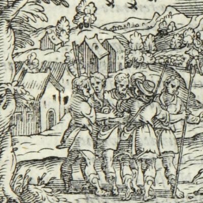 Elpin annonce à l'assemblée qu'Aminte n'est pas mort (Le Tasse, Aminte, 1583, acte V)