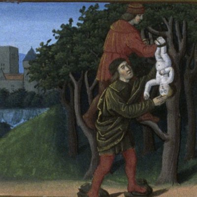 Œdipe abandonné est recueilli par le berger Polybos (Fleur des histoires, Bnf Fr 55)