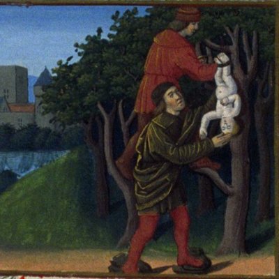Œdipe abandonné est recueilli par le berger Polybos (Fleur des histoires, Bnf Fr55 f.150r)
