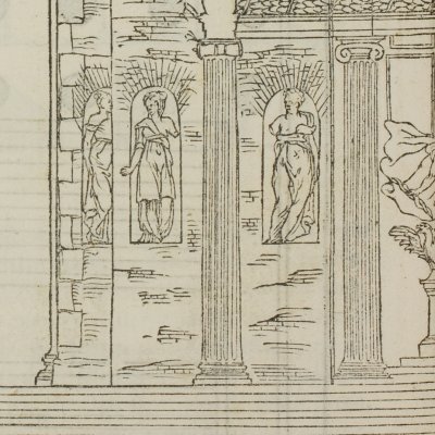 Façade et infrastructure d'un temple avec les ornements d'architecture (Vitruve, trad. Barbaro, Venise, Franceschi, 1567)
