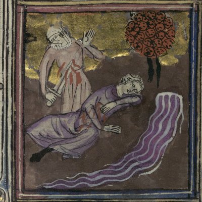 Thisbé se tue devant Pyrame mort (Le romant des Fables Ovide le Grant, Ars Ms-5069 réserve, F42v)