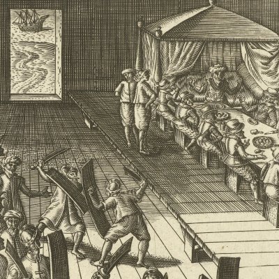 Repas offert aux Néerlandais par le roi de Ternate (Voyage de Jacob Van Neck aux Indes orientales)