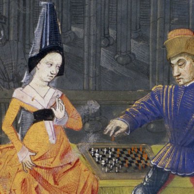 Tristan et Yseut jouent aux échecs (Tristan en prose, Français 102, fol 66r)