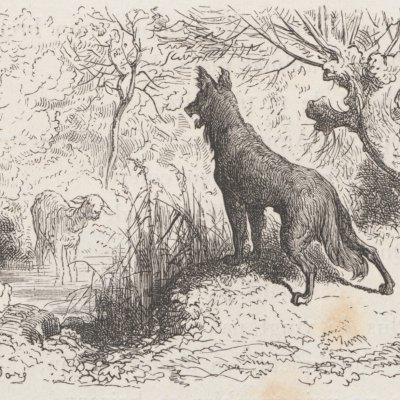Le loup et l'agneau. Vignette (Fables de La Fontaine Hachette 1868) - Doré