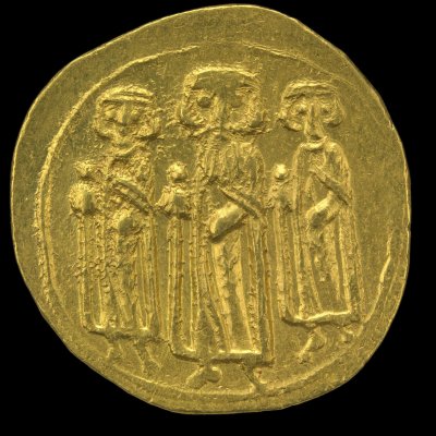 Pièce d'or omeyyade sur le modèle byzantin (Dinars d’or du calife Abd el-Malek)