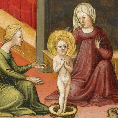 Le jour de sa naissance, le saint se tient debout dans le bain (Miracles de saint Nicolas du Bari) - Bicci di Lorenzo