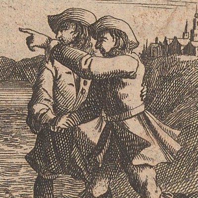 R. pressé par un compagnon s'embarque à Hull  (Robinson Crusoé, trad. hollandaise, 1721)