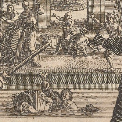 Un jardinier manque se noyer dans l'étang (Robinson Crusoé, trad. hollandaise, 1721)