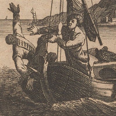 R. se libère du Maure et s'enfuit (Robinson Crusoé, trad. hollandaise, 1721)