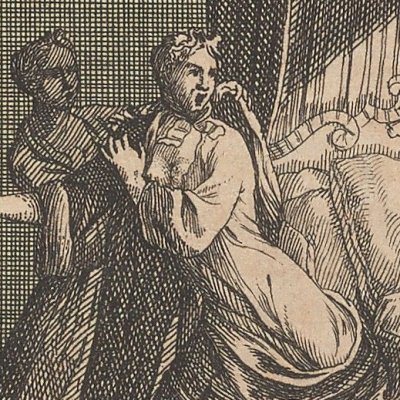 Un pressentiment évite à une Dame le danger du feu (Robinson Crusoé, trad. hollandaise, 1721)